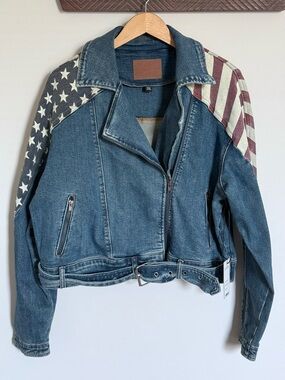 NWT Judy Blue American Flag Denim Jean Jacket 2XL Americana Moto Biker